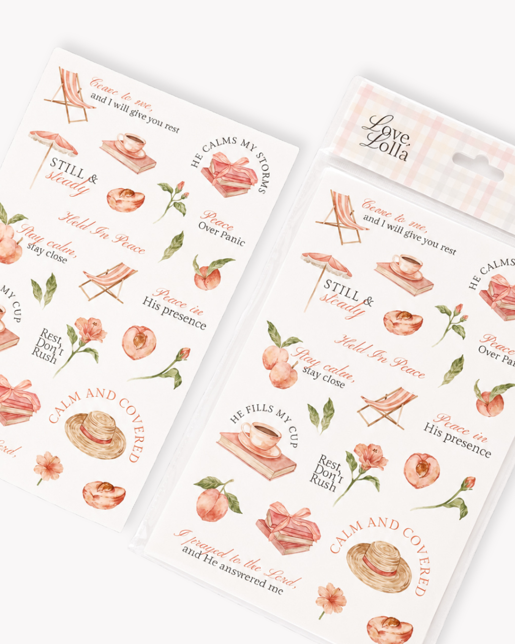 Sheet of stickers with religious text and illustrations on a white background