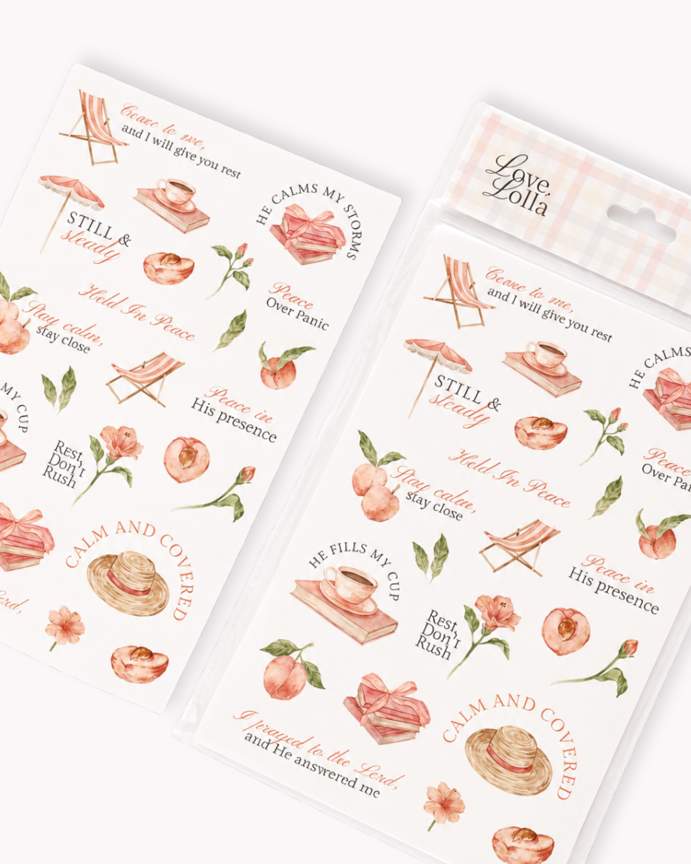 Sheet of stickers with religious text and illustrations on a white background