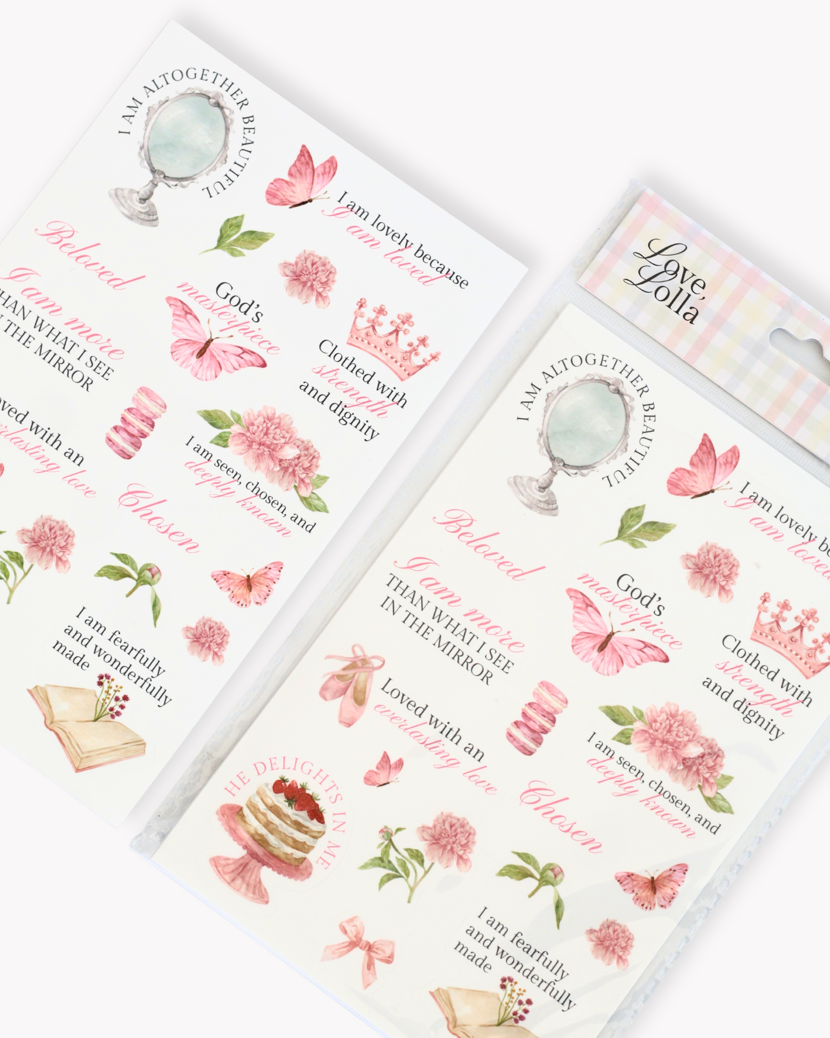 Sticker sheets with motivational phrases and illustrations on a white background